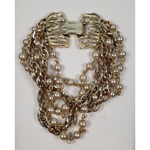 Vintage 1990's Signed Star 5 Strand Gray Pearl Beads Chains 6 1/2 Bracelet - Picture 4 of 15